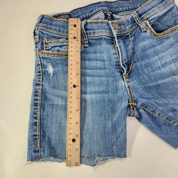True Religion Casey Women 27 Mid Cut Off Blue Denim Jean Shorts Inseam 4" - Picture 5 of 12